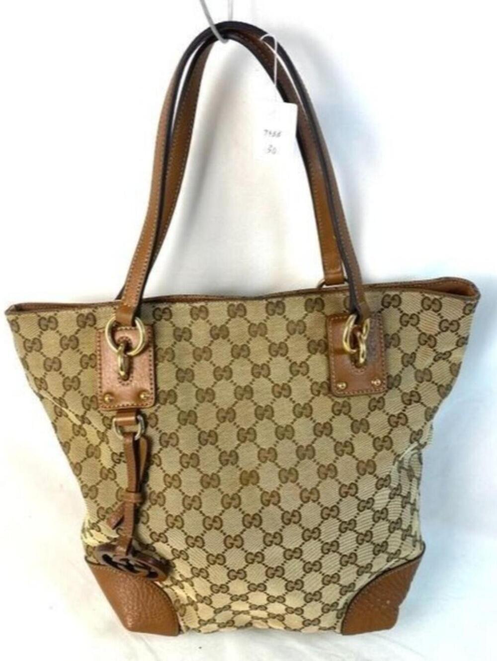 Gucci Vintage Medium GG Canvas GG Wooden Charm Tote Gold Hardware Leather accent